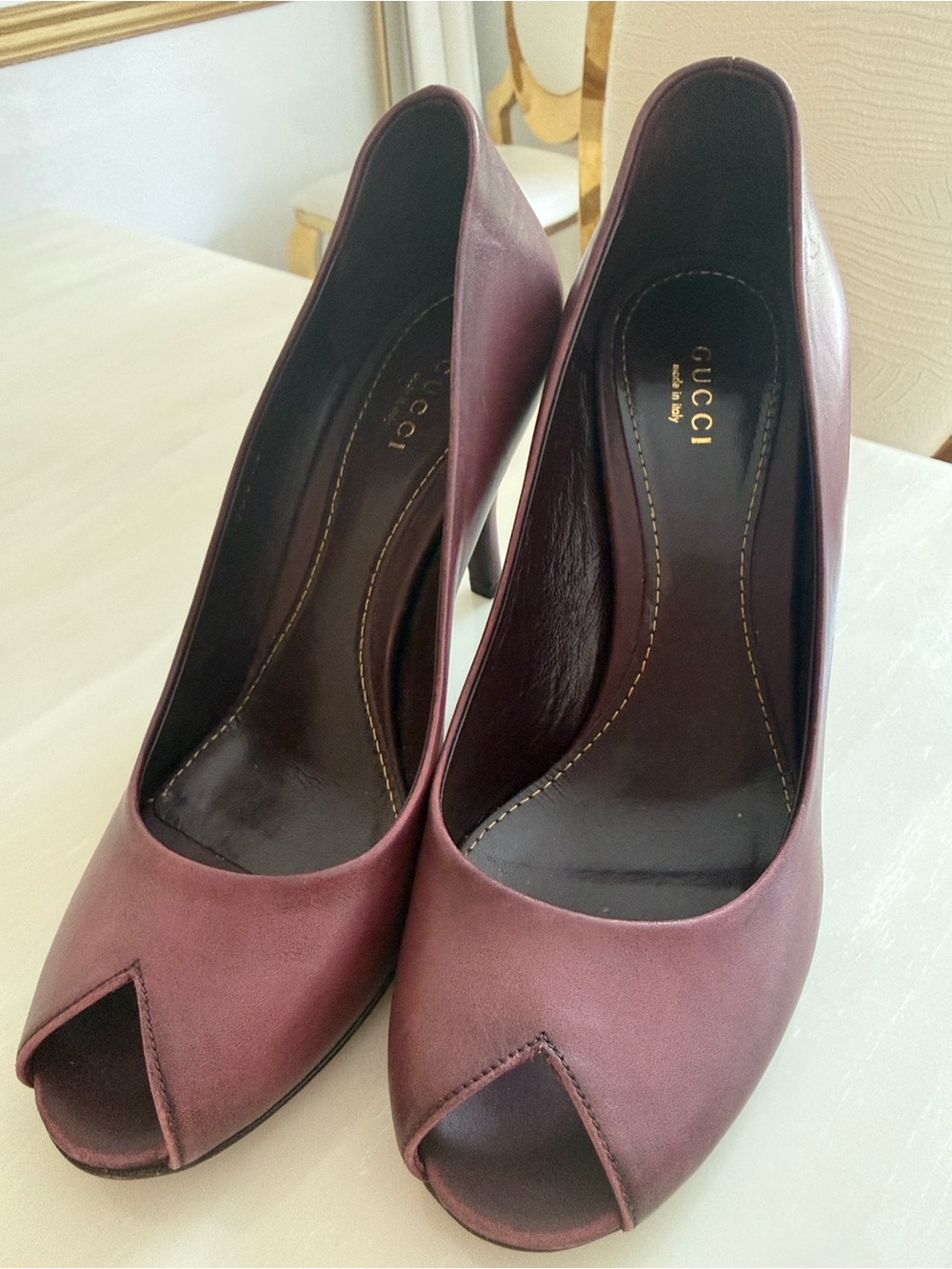 Gucci Maroon Open-Toe Leather Heels
